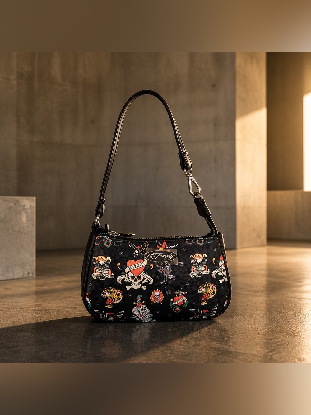 Ed Hardy Black Mini Shoulder Bag Multicolor Tattoo Skull Heart Print